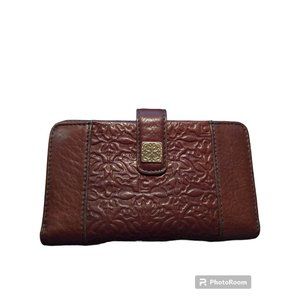 LC Liz Claiborne Leather Co Wallet Tooled Brown Soft Monogram Initial Gold Snap